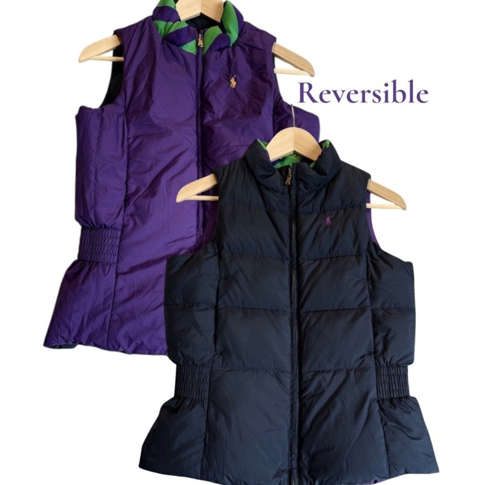 Ralph Lauren Reversible Puffer Vest Women S-M Purple Navy Quilted Peplum